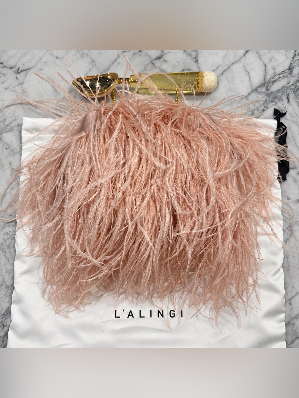 NEW L'ALINGI Pink Ostrich Feather Bag with Ice Cream Scoop Top Handle